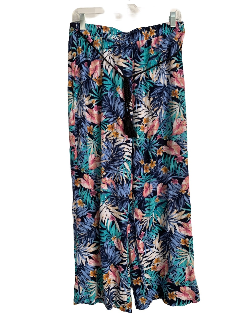 ROBERT LOUIS Tropical Print Rayon Gauze Rope Tie Belt Wide Leg Pull On Pant
